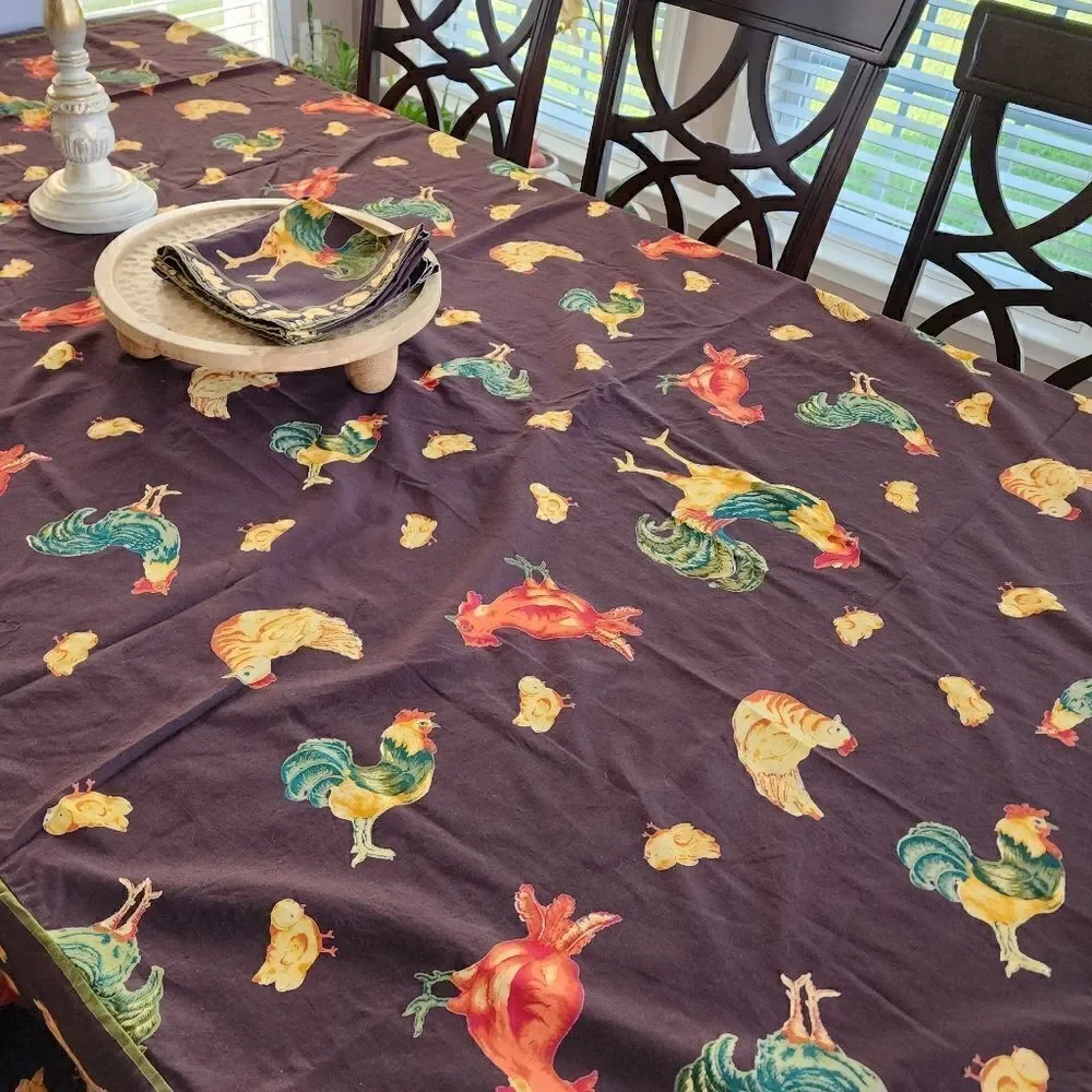 April Cornell Farm House Chicken & Rooster Tablecloth Napkins Chocolate Brown